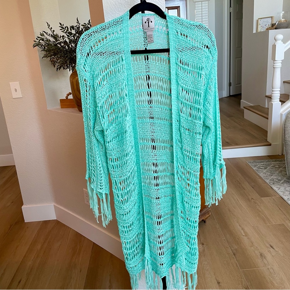 Rain + Rose Turquoise Crochet Fringe Duster Cardigan - Size XL EUC
